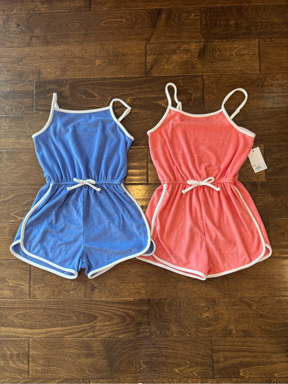 SO Girls' Blue and Coral Terry Swim Romper Set with White Trim